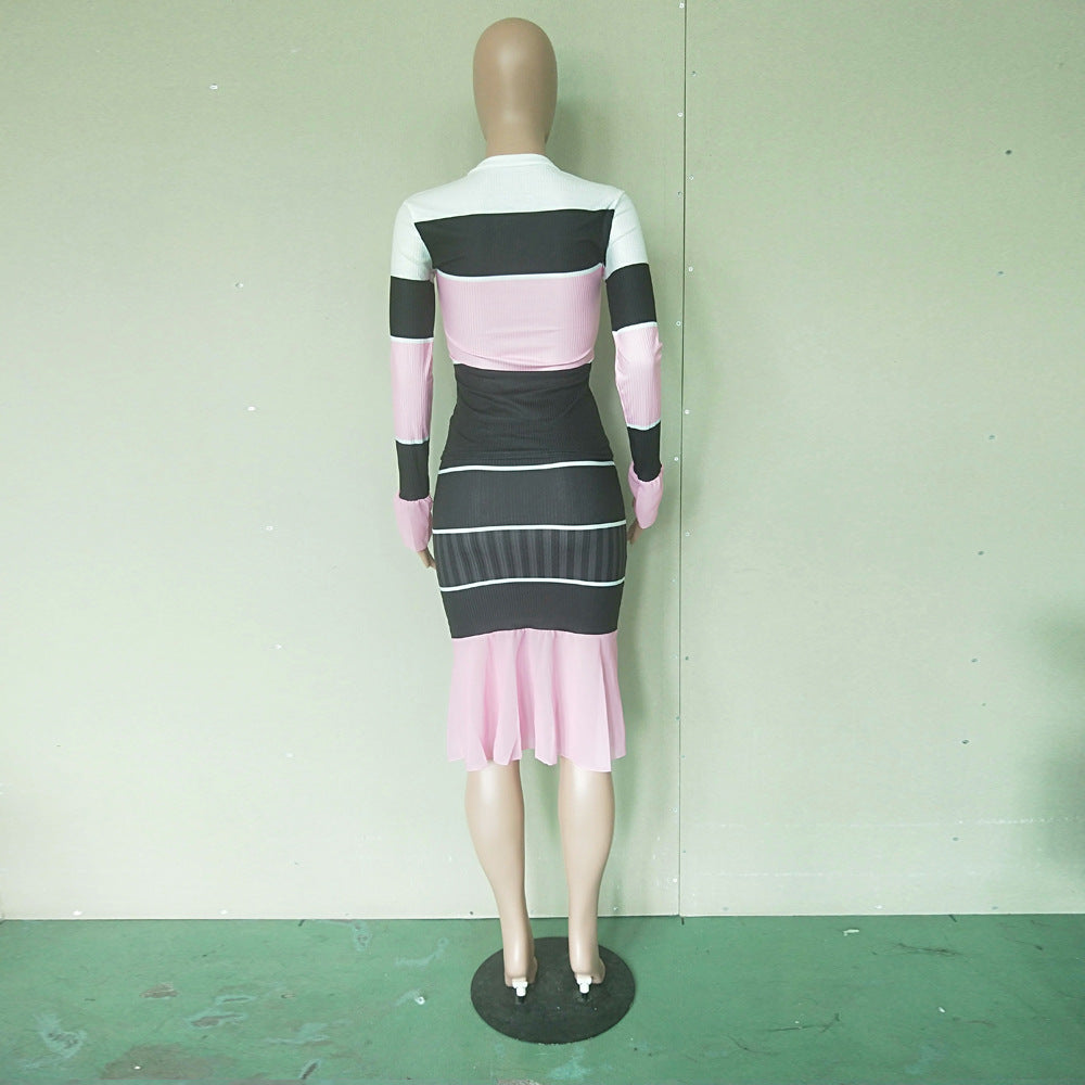 Women Fall Casual Striped Chiffon Patchwork Long Sleeve Top + Pants Two Piece Set 14