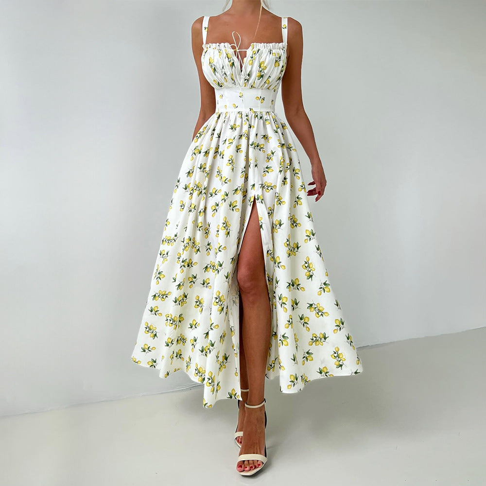 Women's Summer Printed Straps Slim Slit Long Dress 8