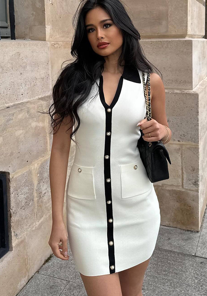 Women French Contrast Sleeveless Turndown Collar Knitting Dress
