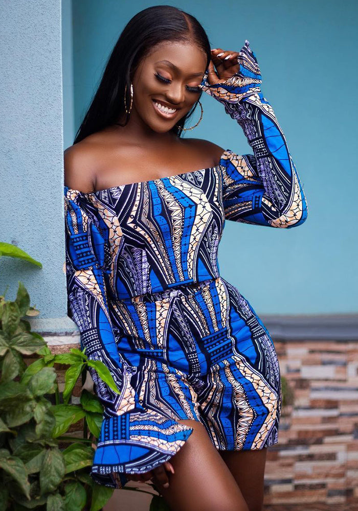 Summer Sexy Blue Long Sleeve Printed Fashion Casual Shorts Set