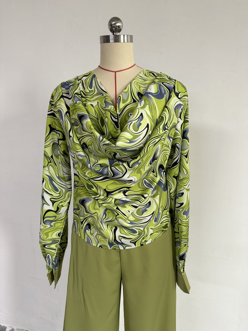 Women Autumn Printed Balloon Sleeve Shirt and Wide-leg Pants Casual Two-piece Set 15