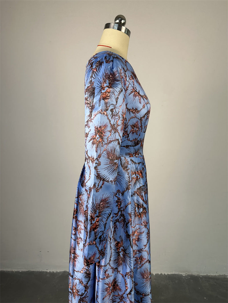 Women Spring Round Neck Long Sleeve Maxi Pleated Dress 13