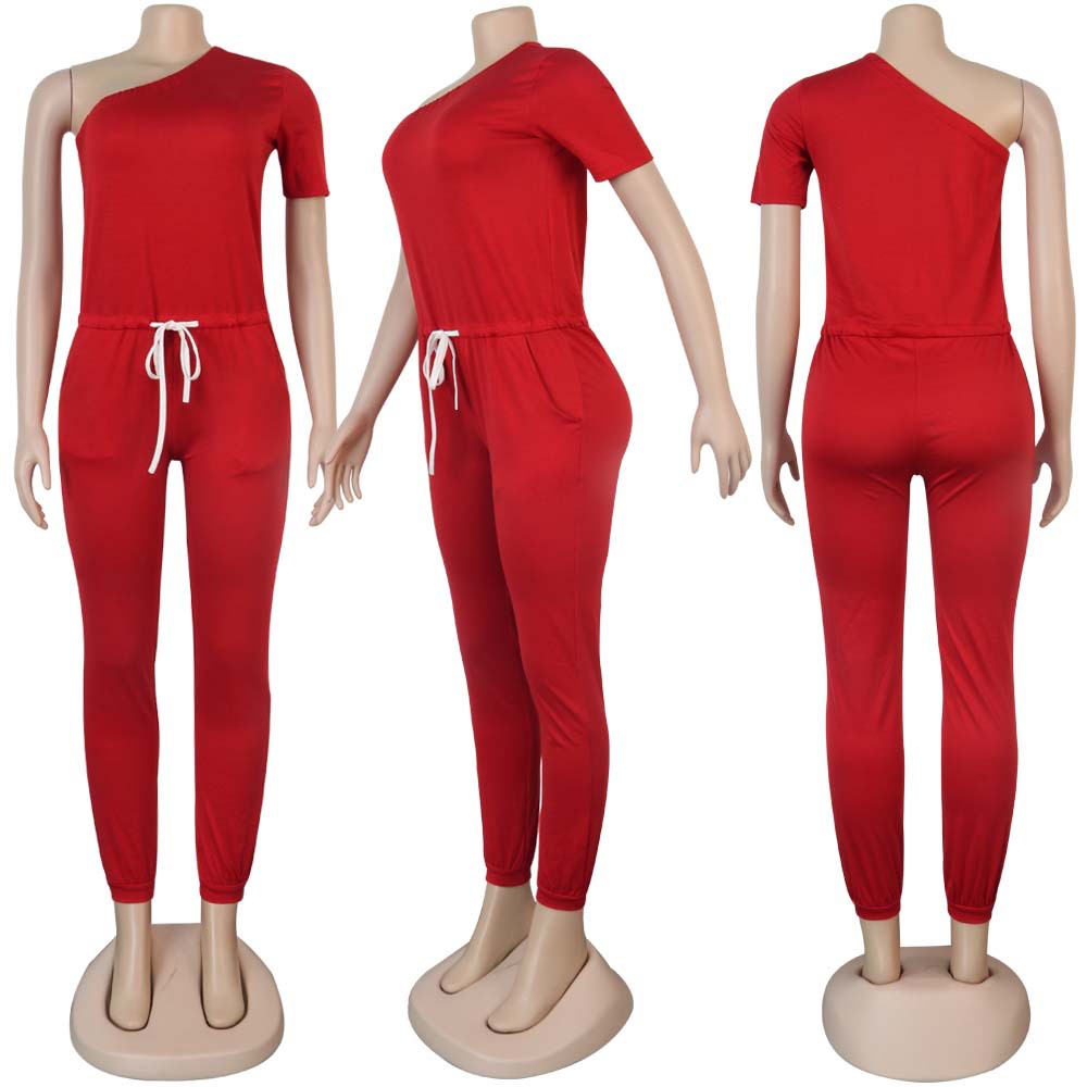 Sexy Women's Slash Shoulder Half Sleeve Solid Color Slim Fit Women's Sports Jumpsuit 24