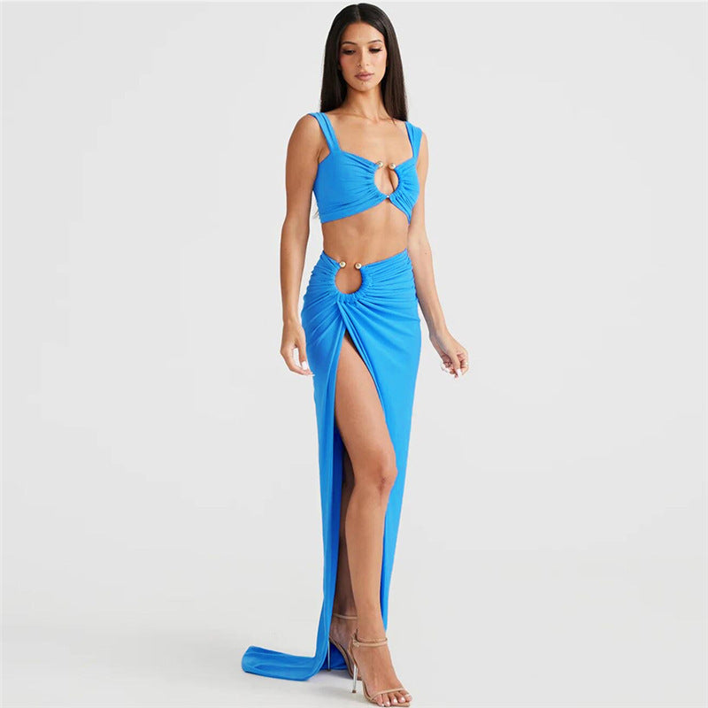 Spring Women's Sexy Crop Tank Top High Waist Slit Long Skirt Two Piece Set 3