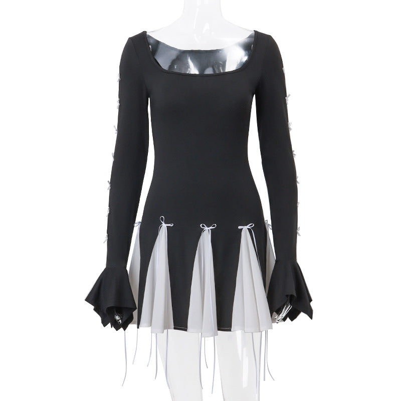 Spring Bow Lace-Up Bell Bottom Long Sleeve Dress 7