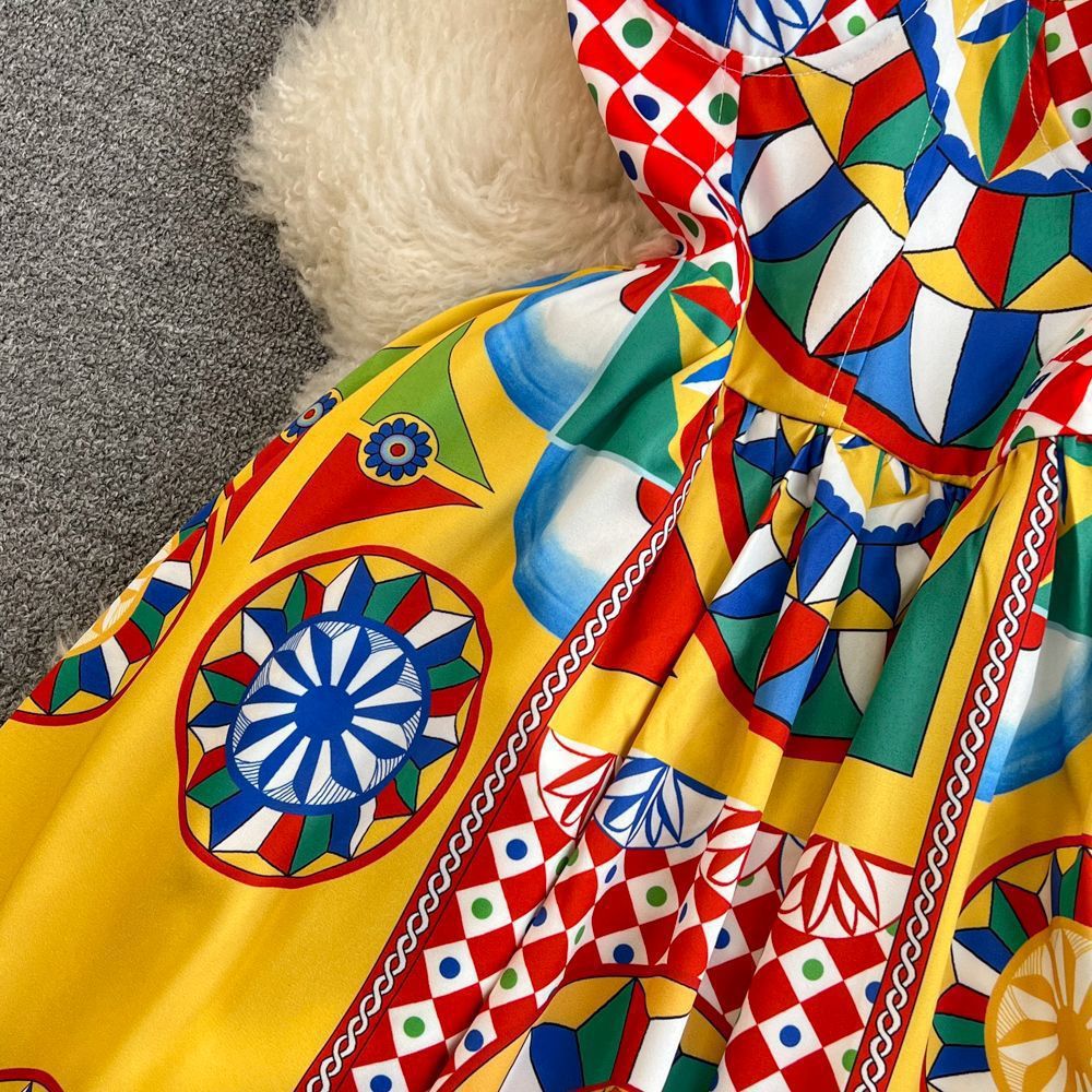 Women Vintage Baroque Strapless Beach Holidays Print Dress 12