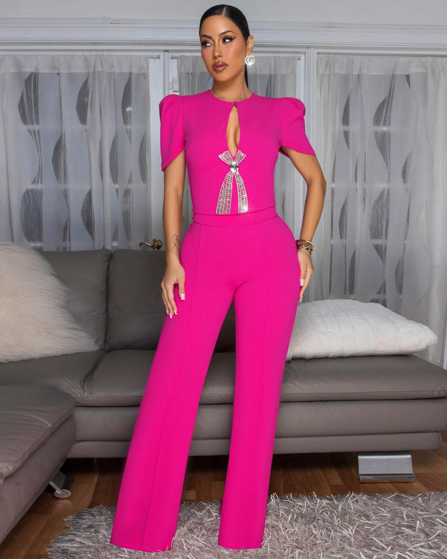 Women Style Line Bow Short Sleeve Casual Wide Leg Jumpsuit 10