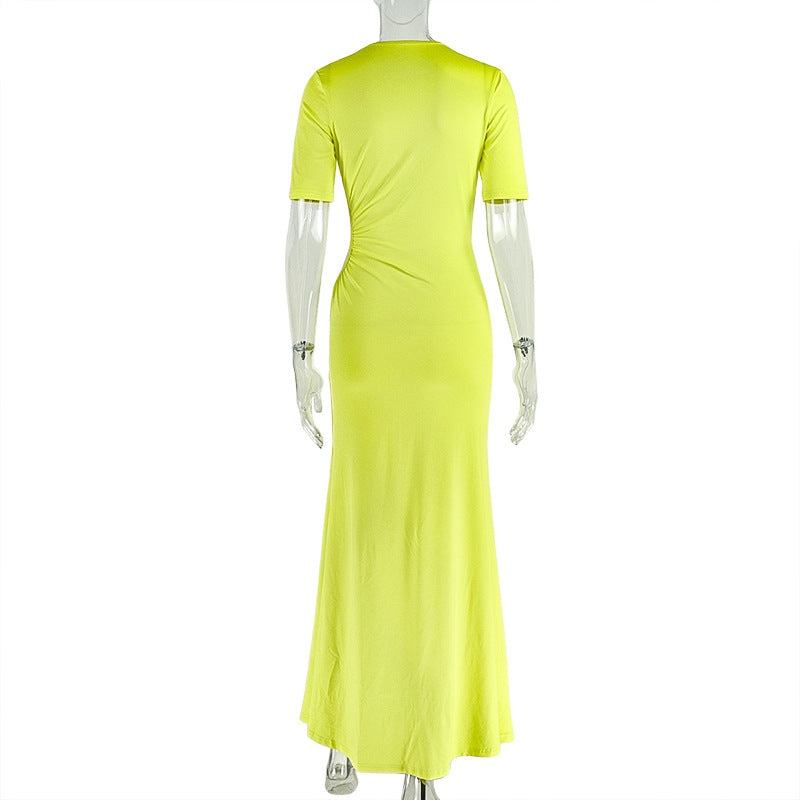 Chic Women's Fashion Cut-Out Slit Irregular Round Neck Solid Color Pleated Dress 20