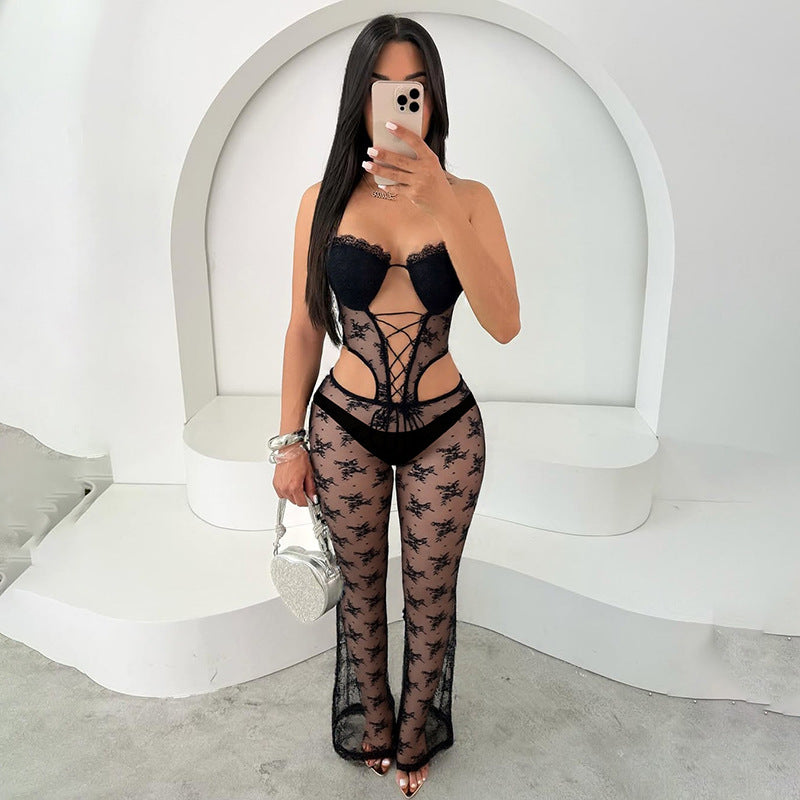 Women's Spring/Summer Lace Halter Neck Lace-Up Strapless Hollow Jumpsuit with Padding 5