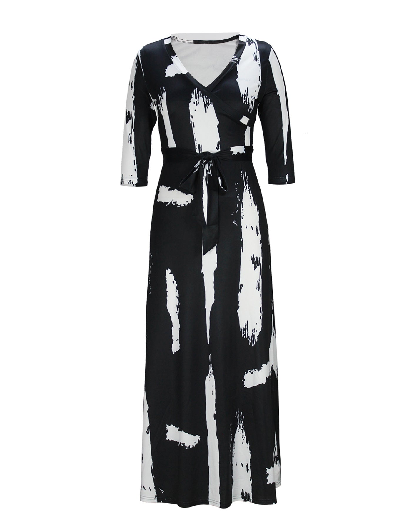Spring & Autumn Women's Fashion Elegant Wrap V-Neck Half-Sleeve Print Belt Maxi Dress 88