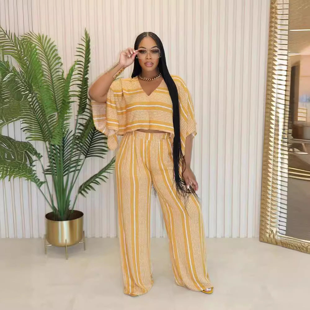 Women summer V neck print Top and Pants Casual two-piece set 4