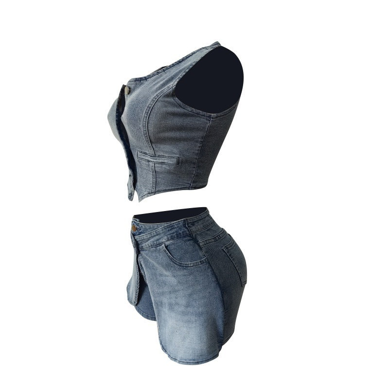 Elastic Denim Vest and Shorts Set for Women 6