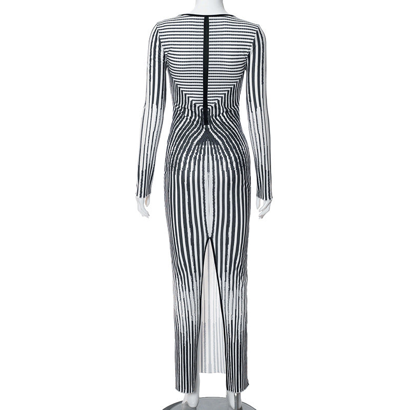 Women's Spring Casual Striped Print Long Sleeve Round Neck Dress 9