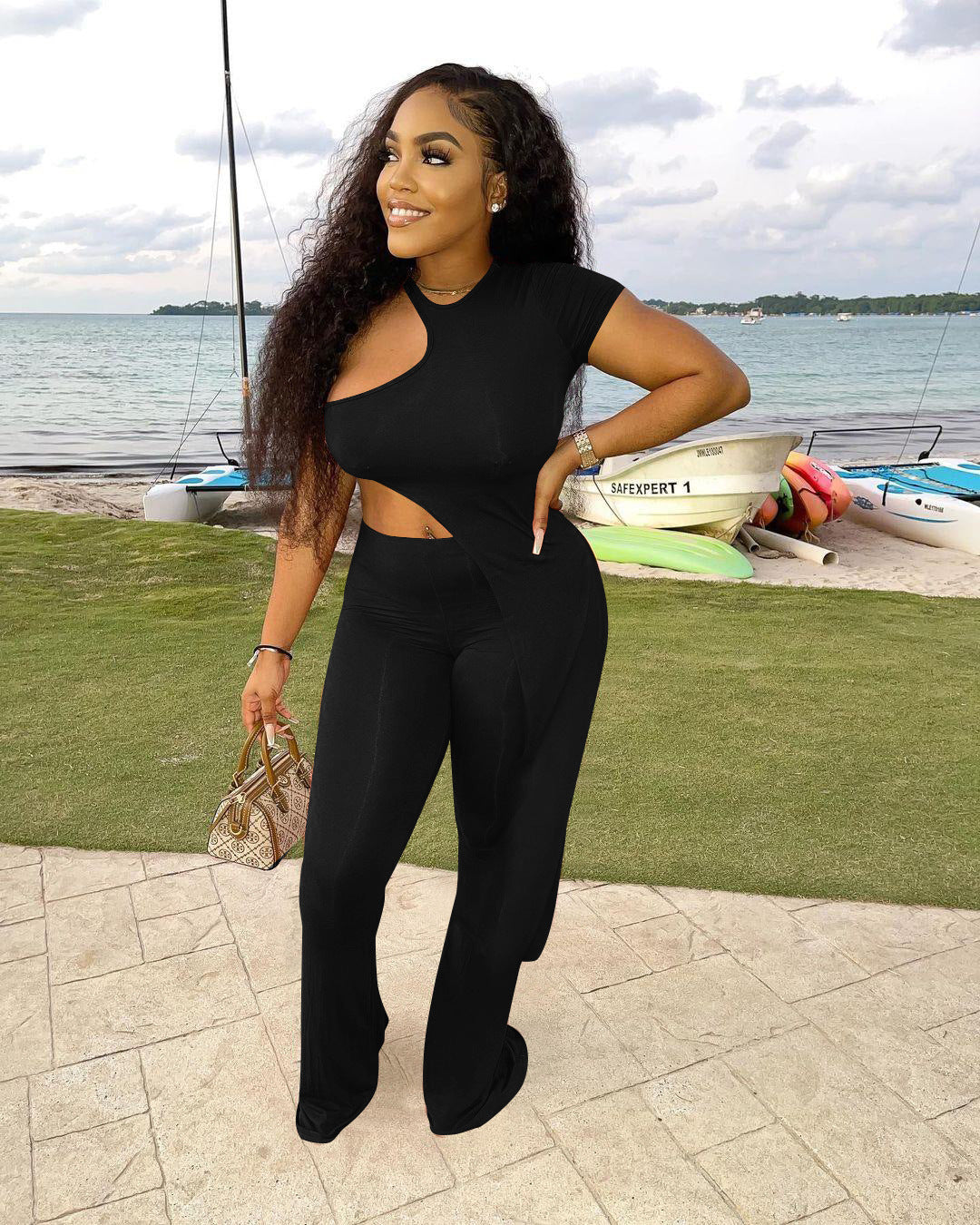 Women sexy asymmetrical Solid Top and Pant two-piece set