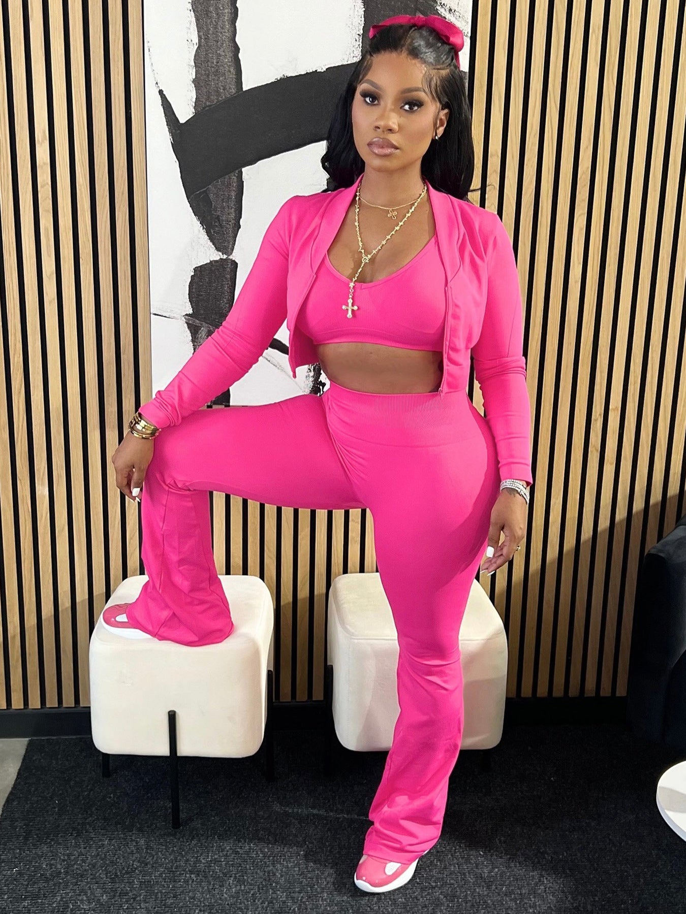 Women's Solid Color Long Sleeve Sexy Open Waist Casual Sports Three-Piece Pants Set 12