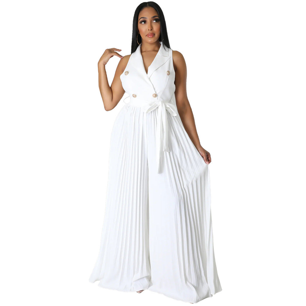 Women Spring V-neck Sleeveless Backless Pleated Wide Leg Jumpsuit 7