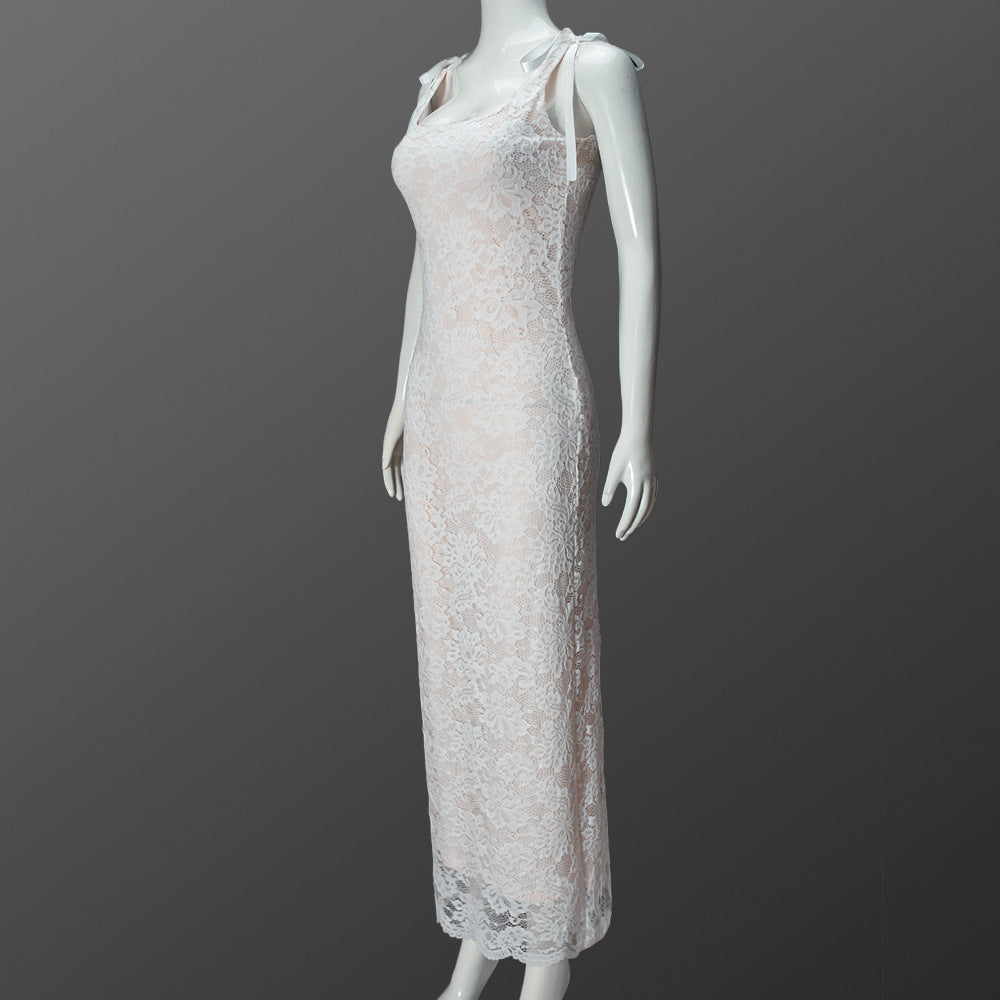 Women's Spring Summer Lace-Up Bowknot Strap Sexy Low Back Lace Double Layer Long Dress 7