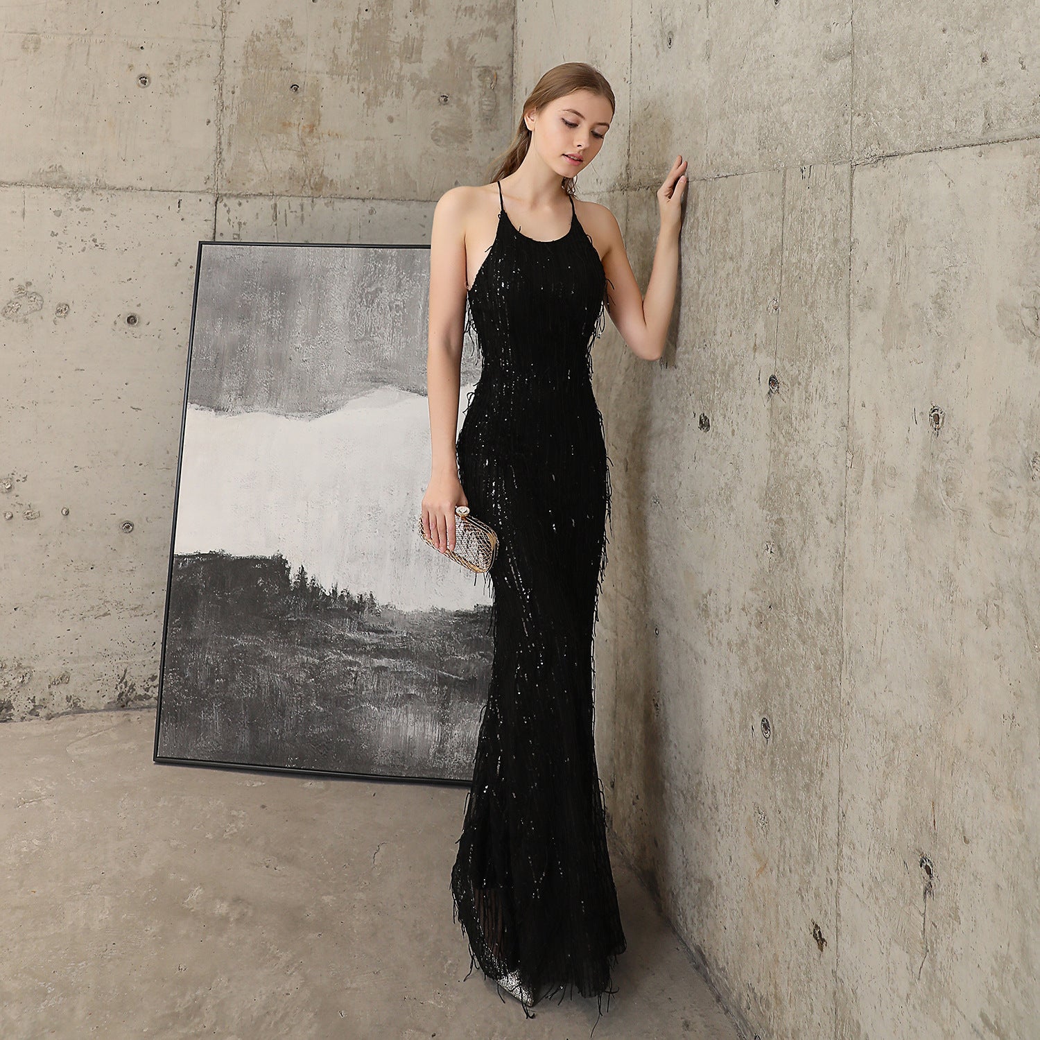 Women Formal Party Elegant Mermaid Evening Dress with Fringed Sequins 6