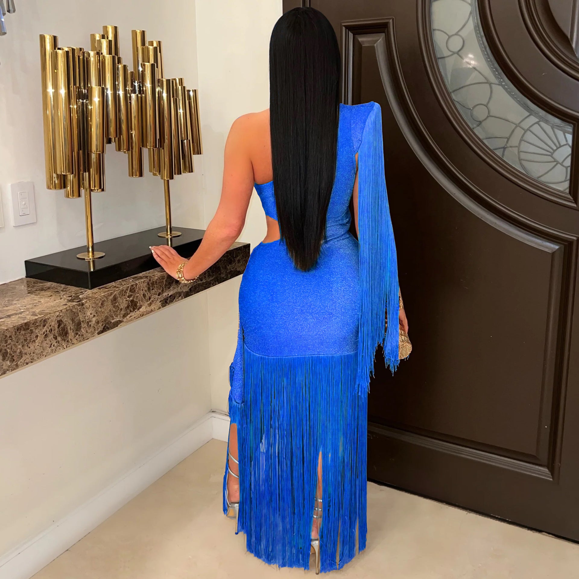 One-Shoulder Asymmetric Tassel Maxi Dress 9