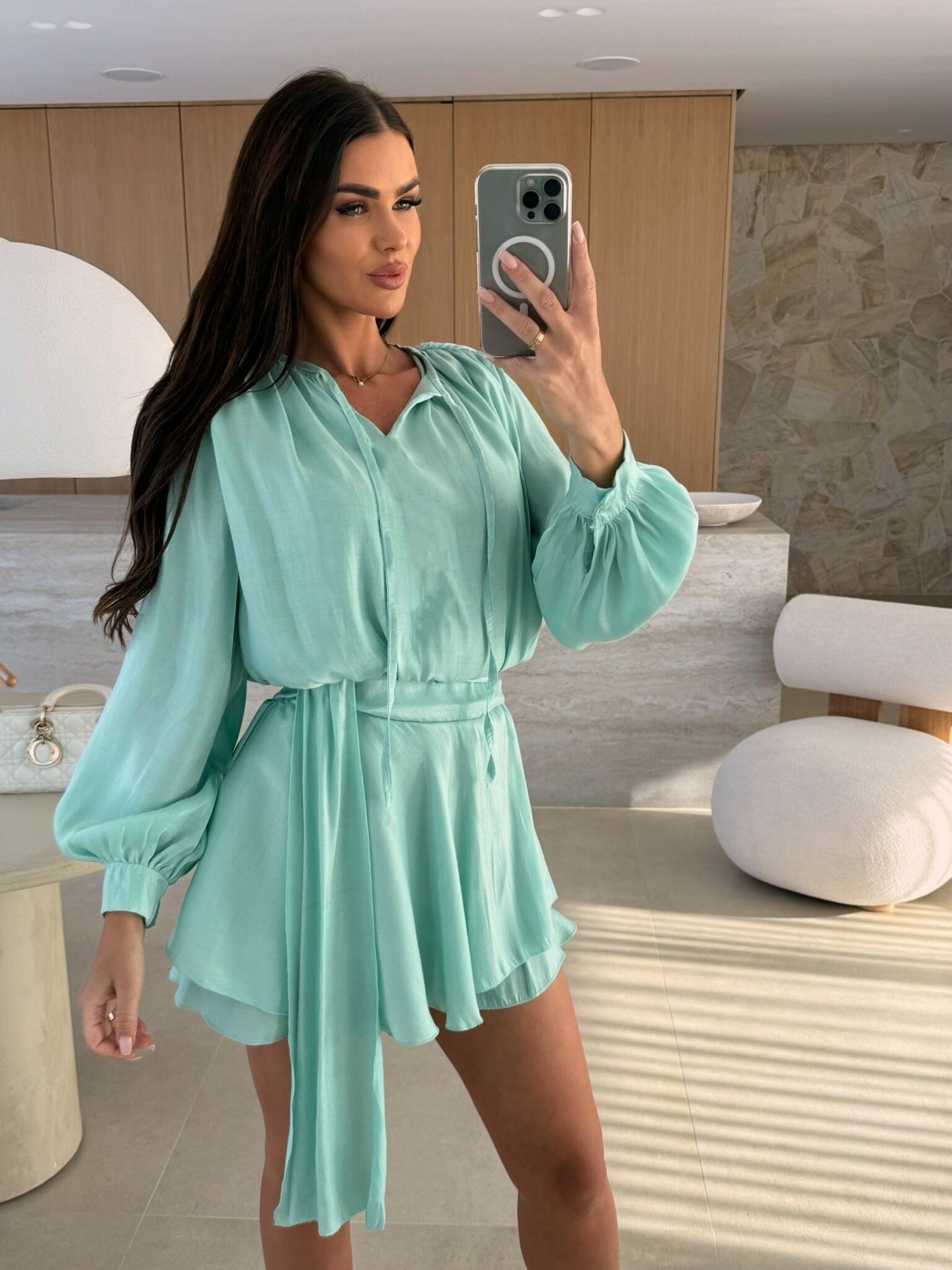 Women solid long sleeve v-neck lace casual dress 3