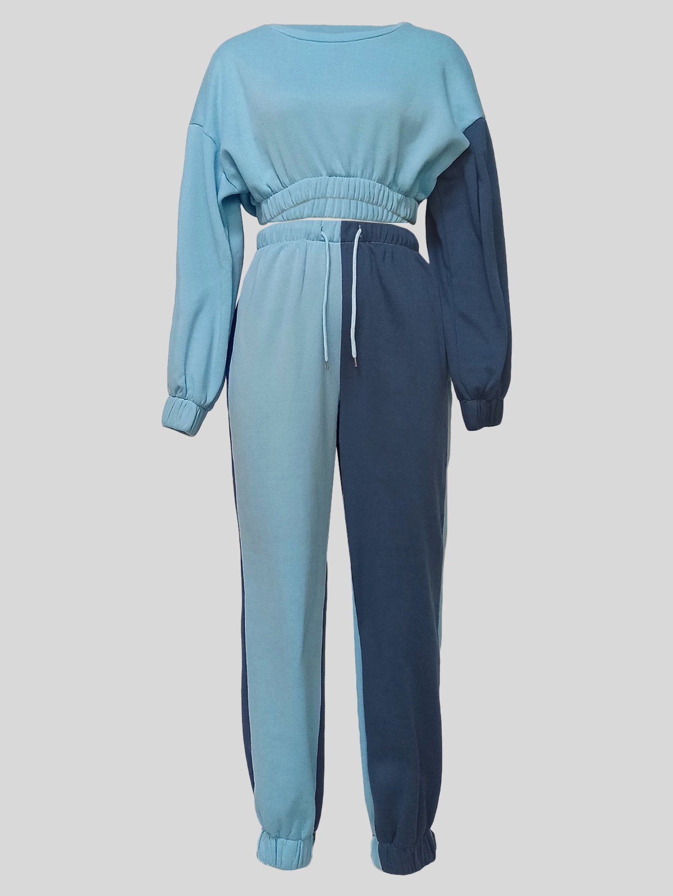 Women's Autumn Winter Casual Round Neck Long Sleeve Top Elastic Waist Drawstring Pants Contrast Color Sports Two Piece Tracksuit