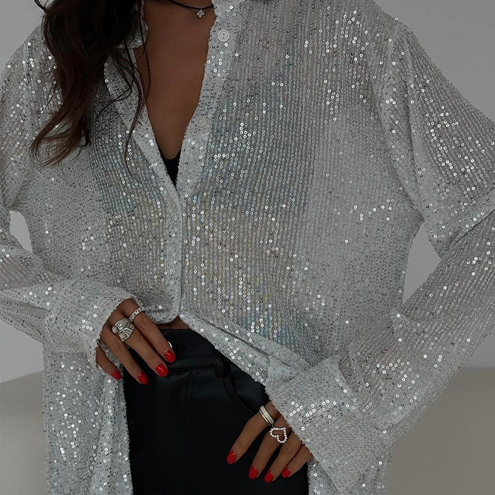 Women Solid Sequin Casual Turndown Collar Loose Long Sleeve Shirt