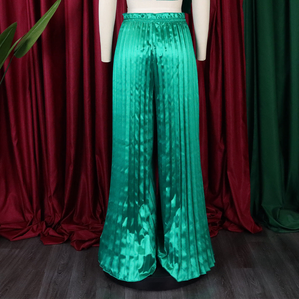 Summer Ladies Solid Color Casual Loose Pleated Wide Leg Pants African Trousers 16