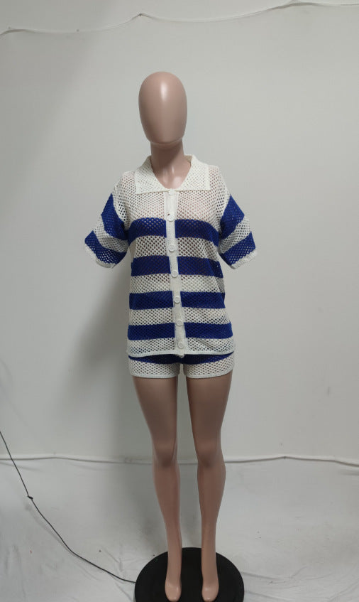 Women Sexy Hollow See-Through Turndown Collar Knitting Top and Shorts Two Piece Set 7