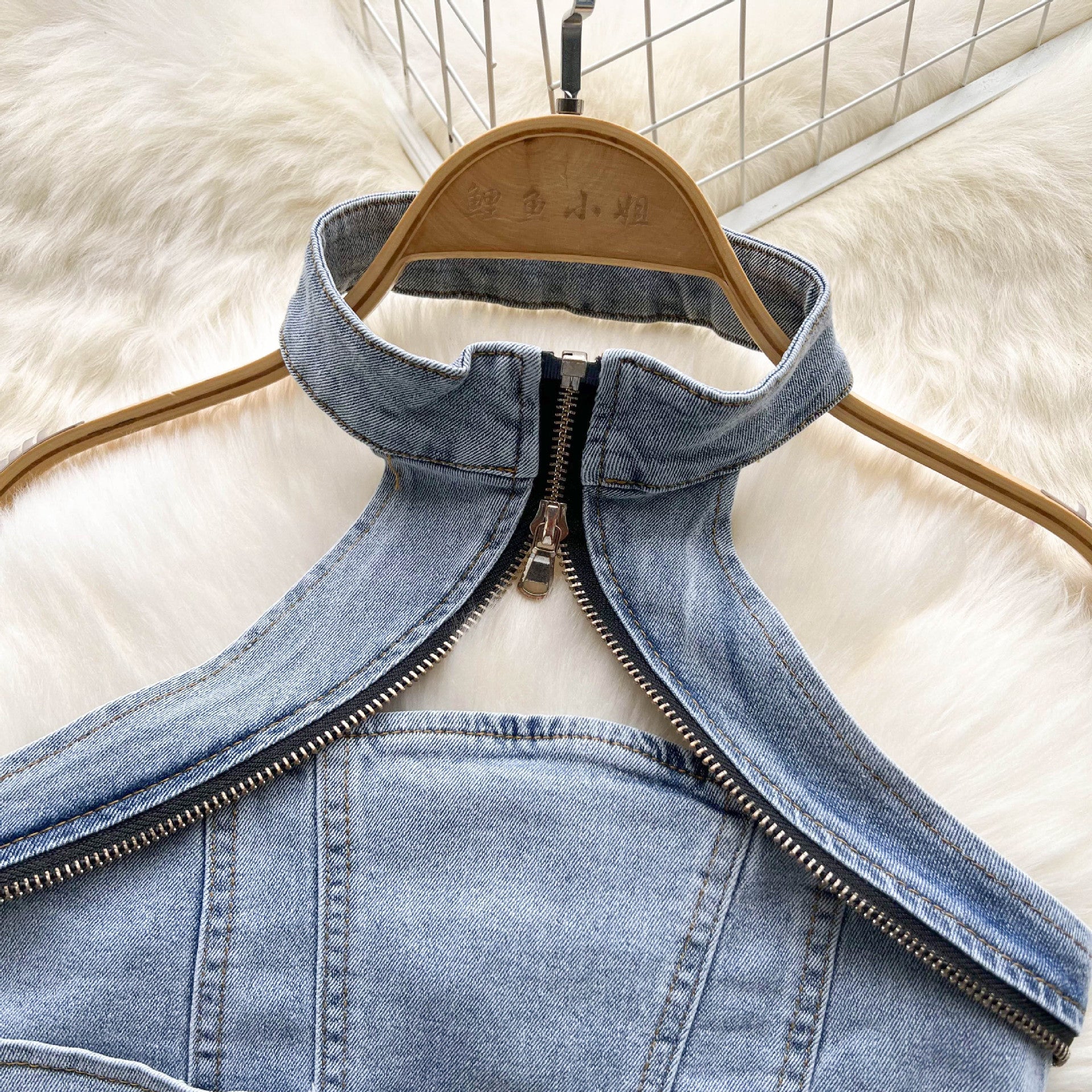 Women's Summer Halter Neck Crop Top Mini Skirt Two-Piece Denim Set 6