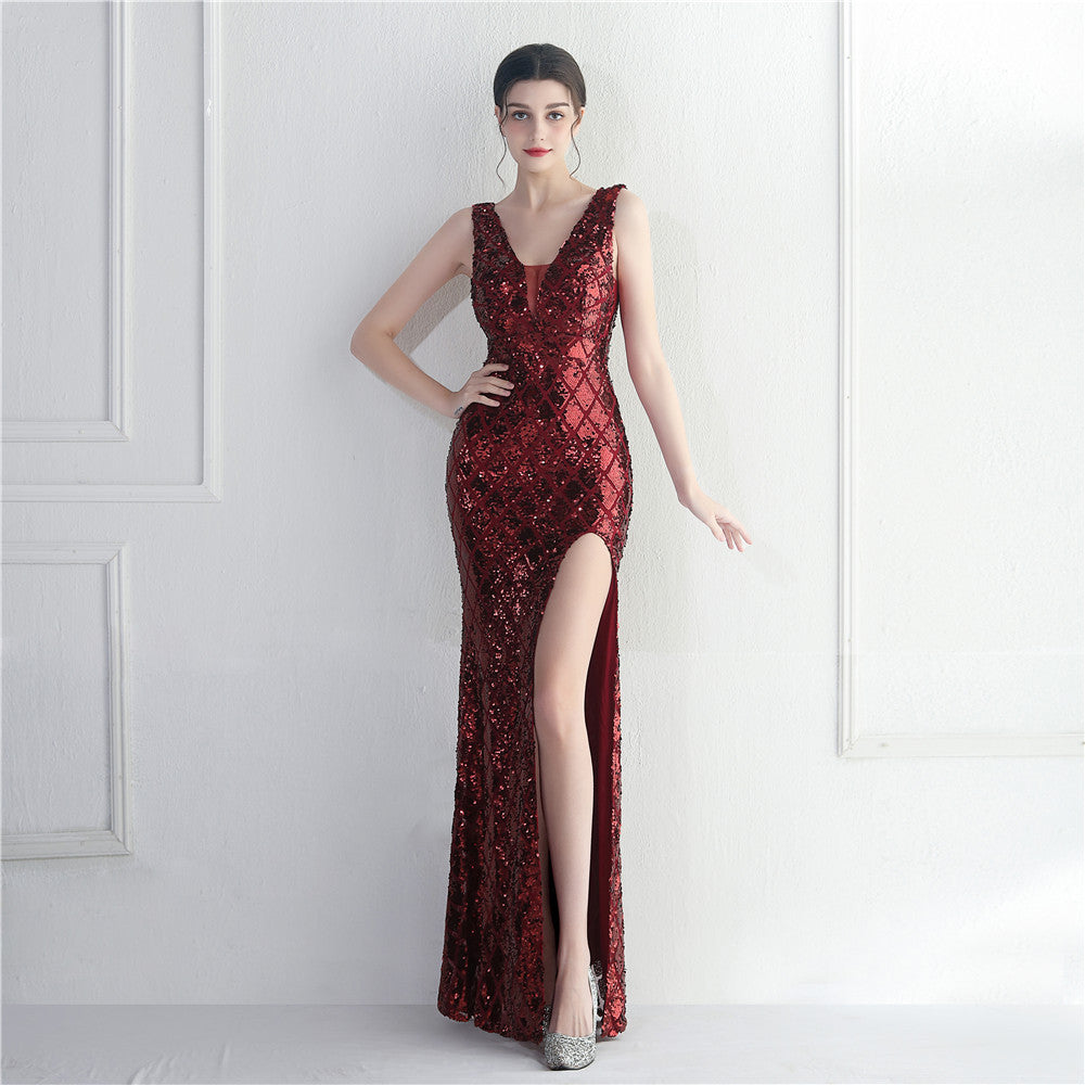Sexy V-Neck Sleeveless Sequin Formal Party Dress Long Evening Dress 7