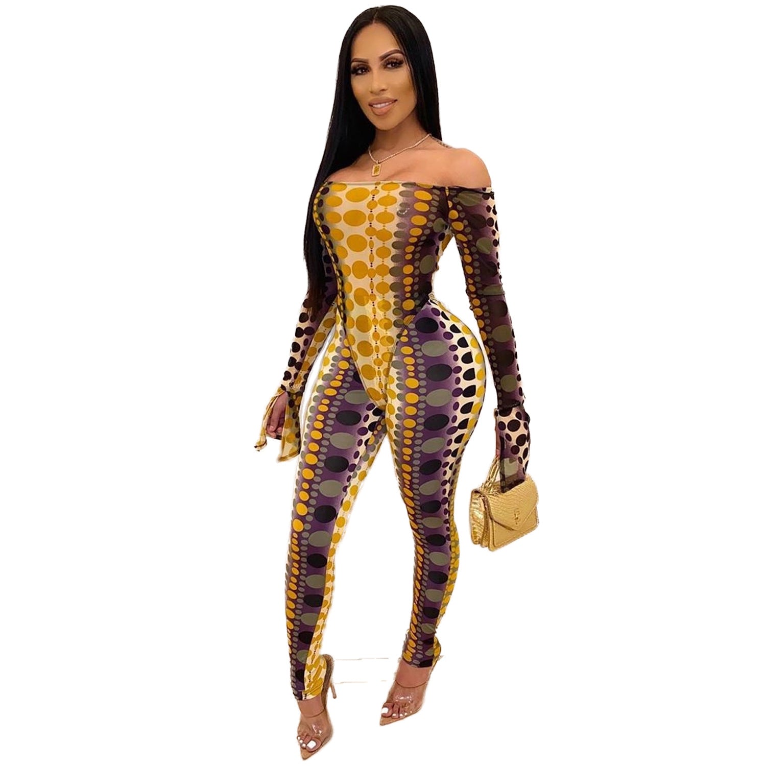 Women Long Sleeve Printed Bodysuit and Pant Two-piece Set 3