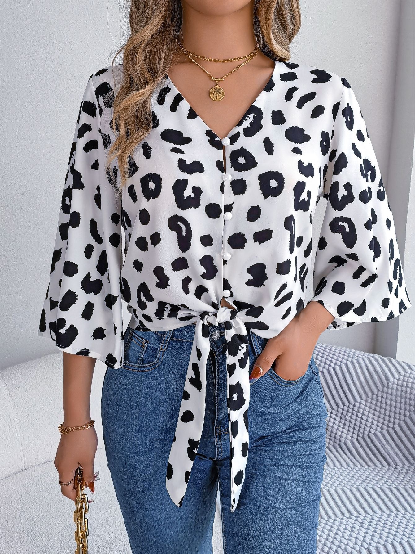 Women Casual Leopard Print Lace Up Chiffon Top 8