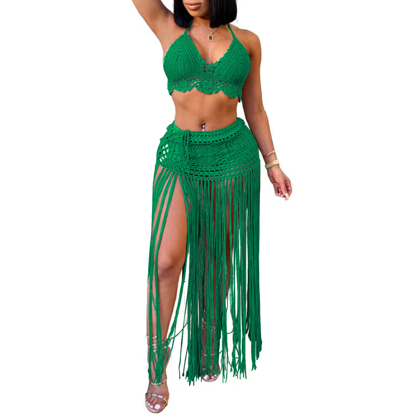 Women Beach Bikini Top and Fringed Skirt Two-piece Set 11