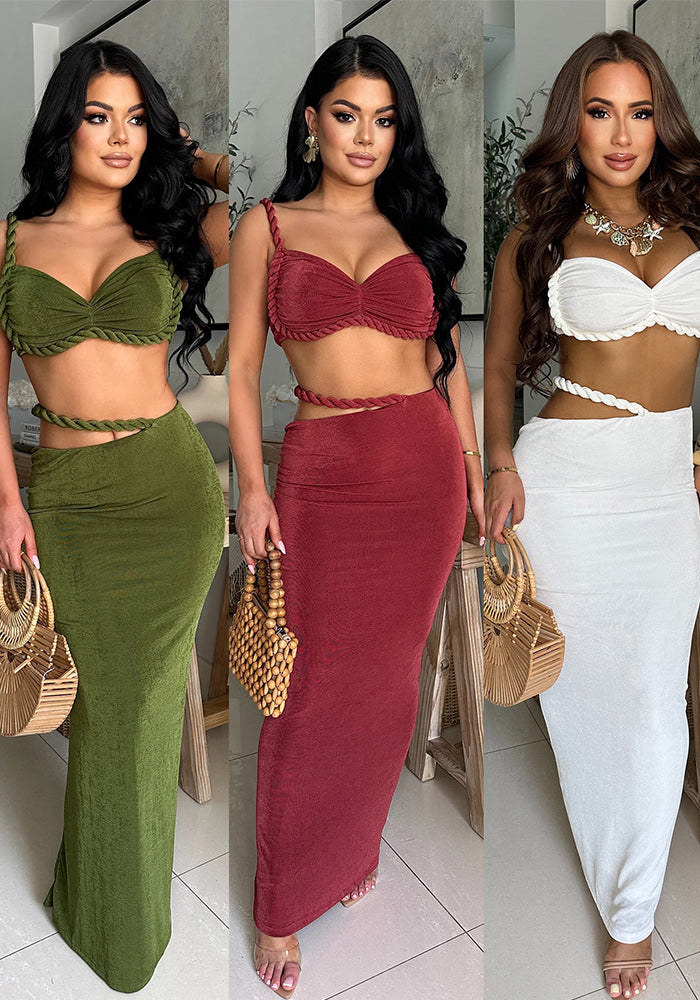 Casual Strap Crop Top High-Waist Hollow Long Skirt Two-Piece Set
