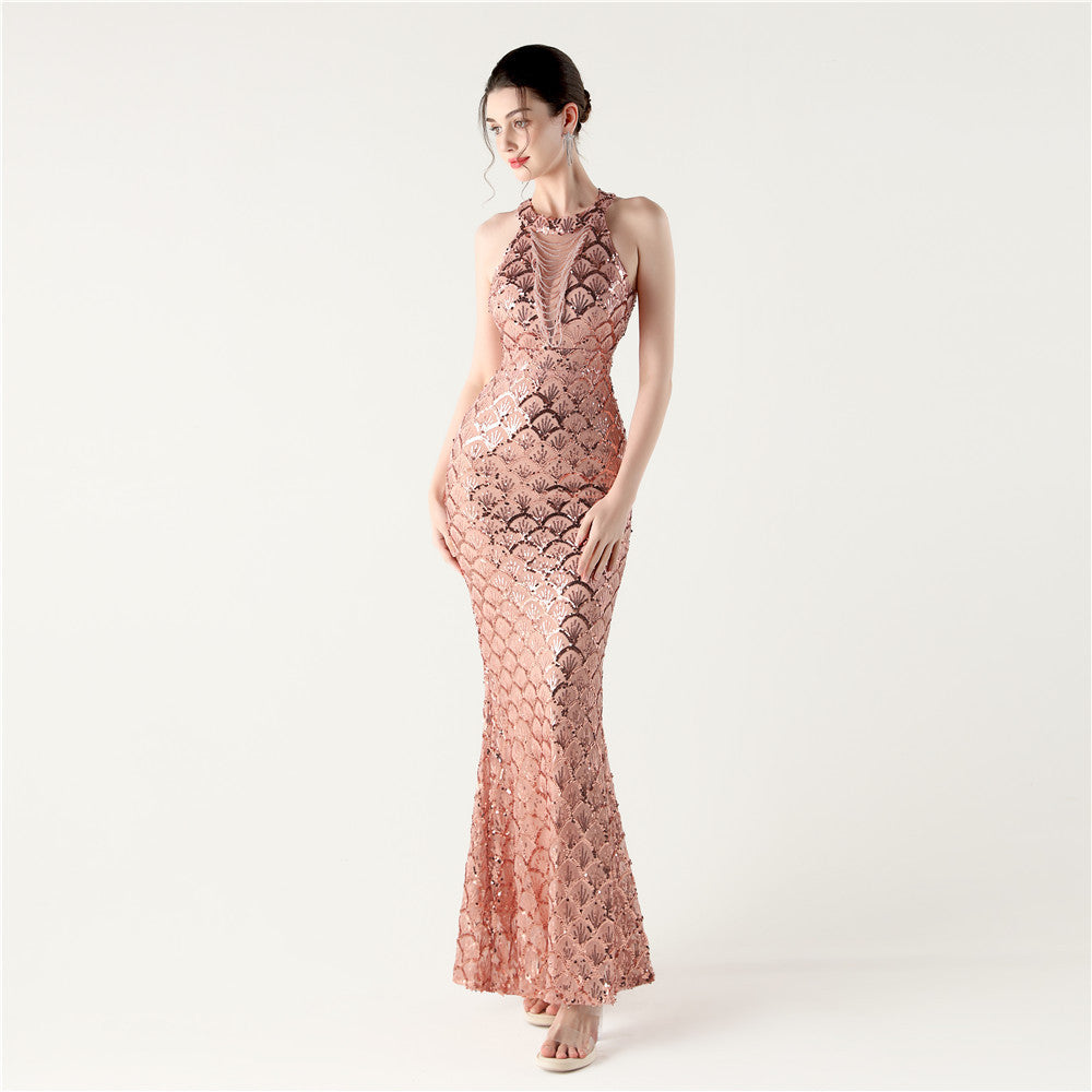 Halter Neck High Neck Hollow Fishtail Sequin Evening Dress Formal Party Gown 11