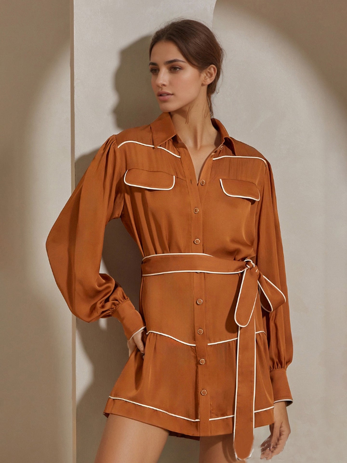 Trendy Brown Contrast Belted Satin Shirt Dress