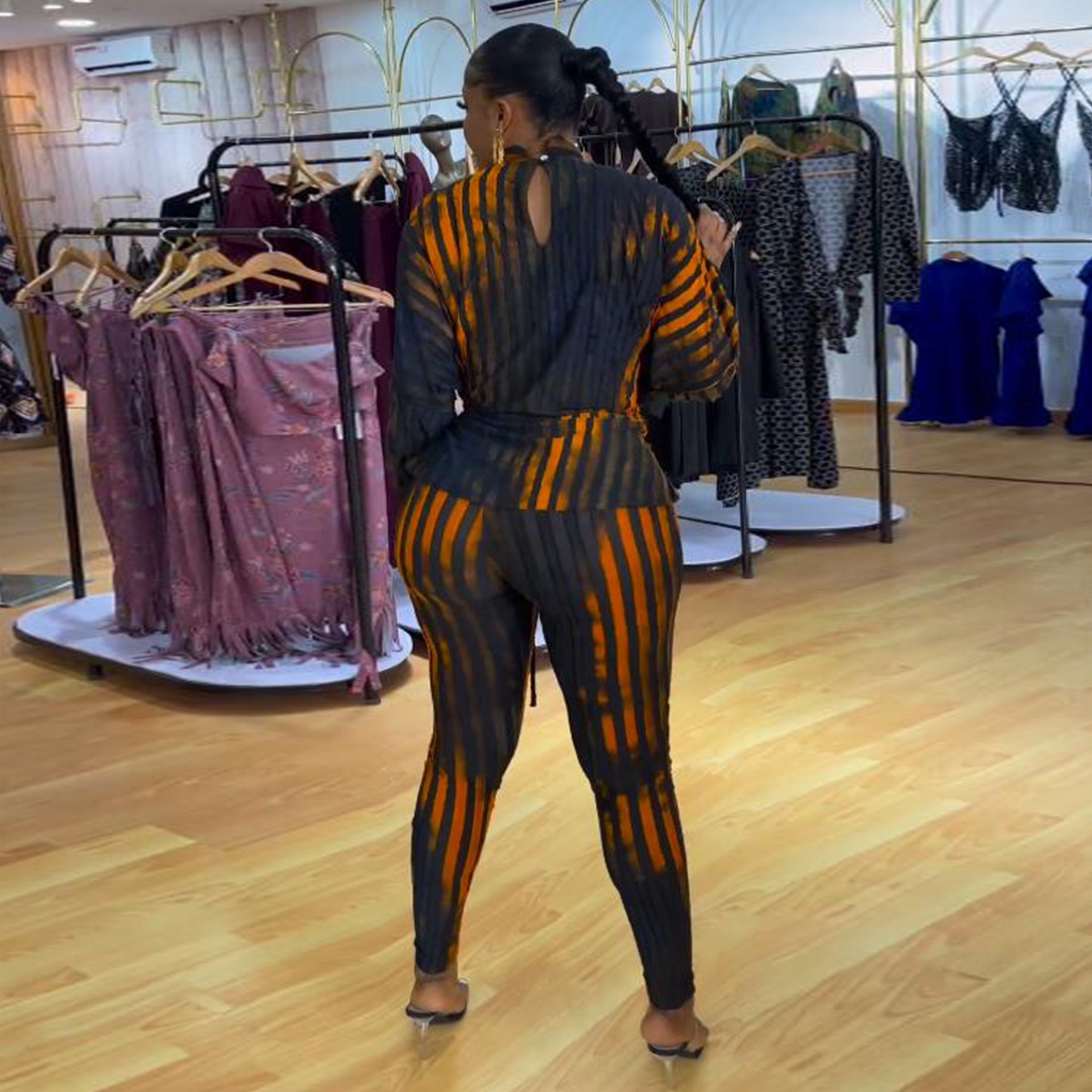 Sexy Striped Printed Drawstring Tight Fitting two piece pants Set 5