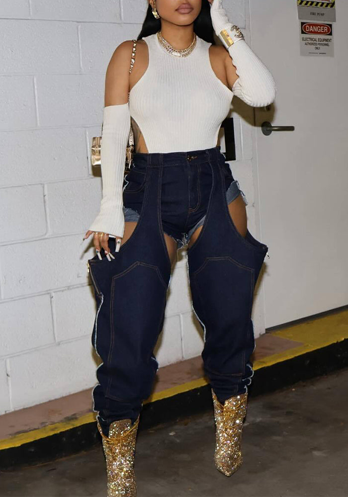 Fashion Irregular Hollow Patchwork Zipper Elastic Denim Jeans