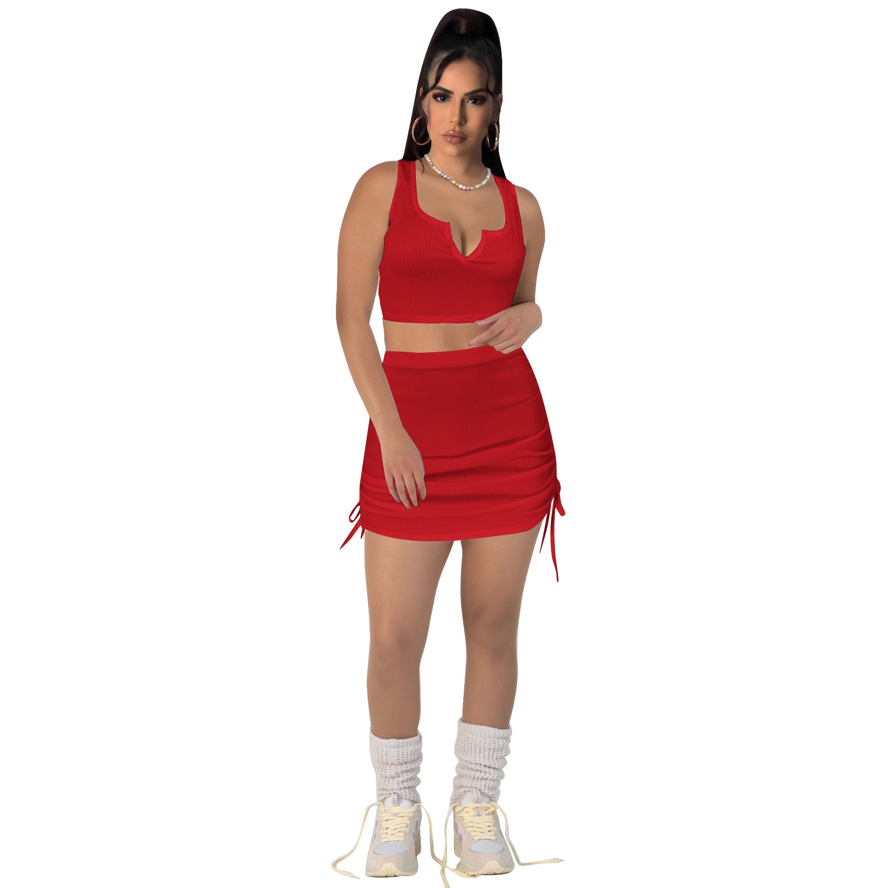Women Stretch sexy v-neck Top and drawstring Solid Skirt two-piece set 21