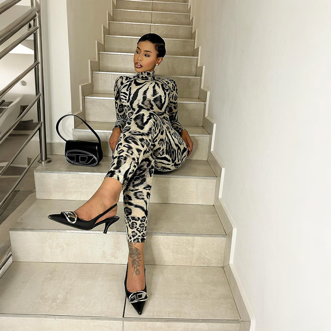 Autumn Women's Fashion Leopard Print Semi-High Neck Sexy Tight Fitting Jumpsuit 5