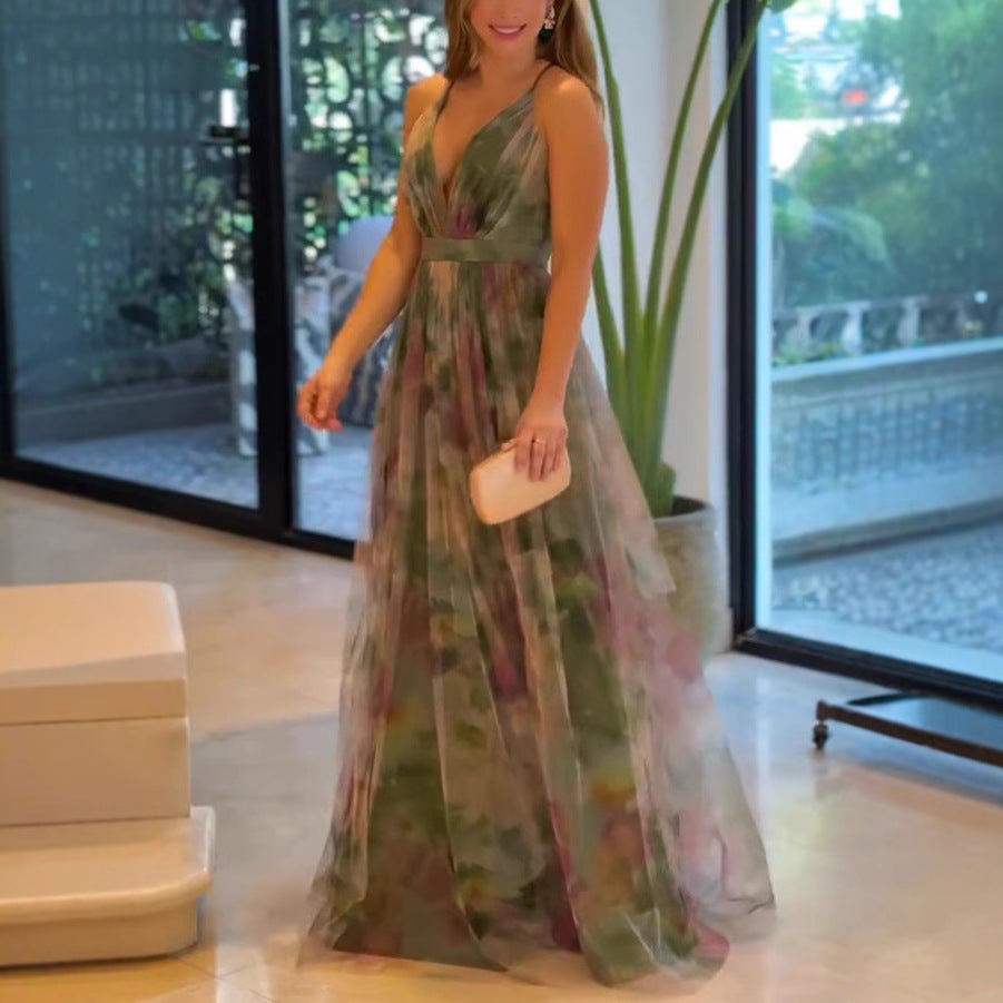 Spring/Summer Print Mesh Strap Casual Maxi Dress for Women 5