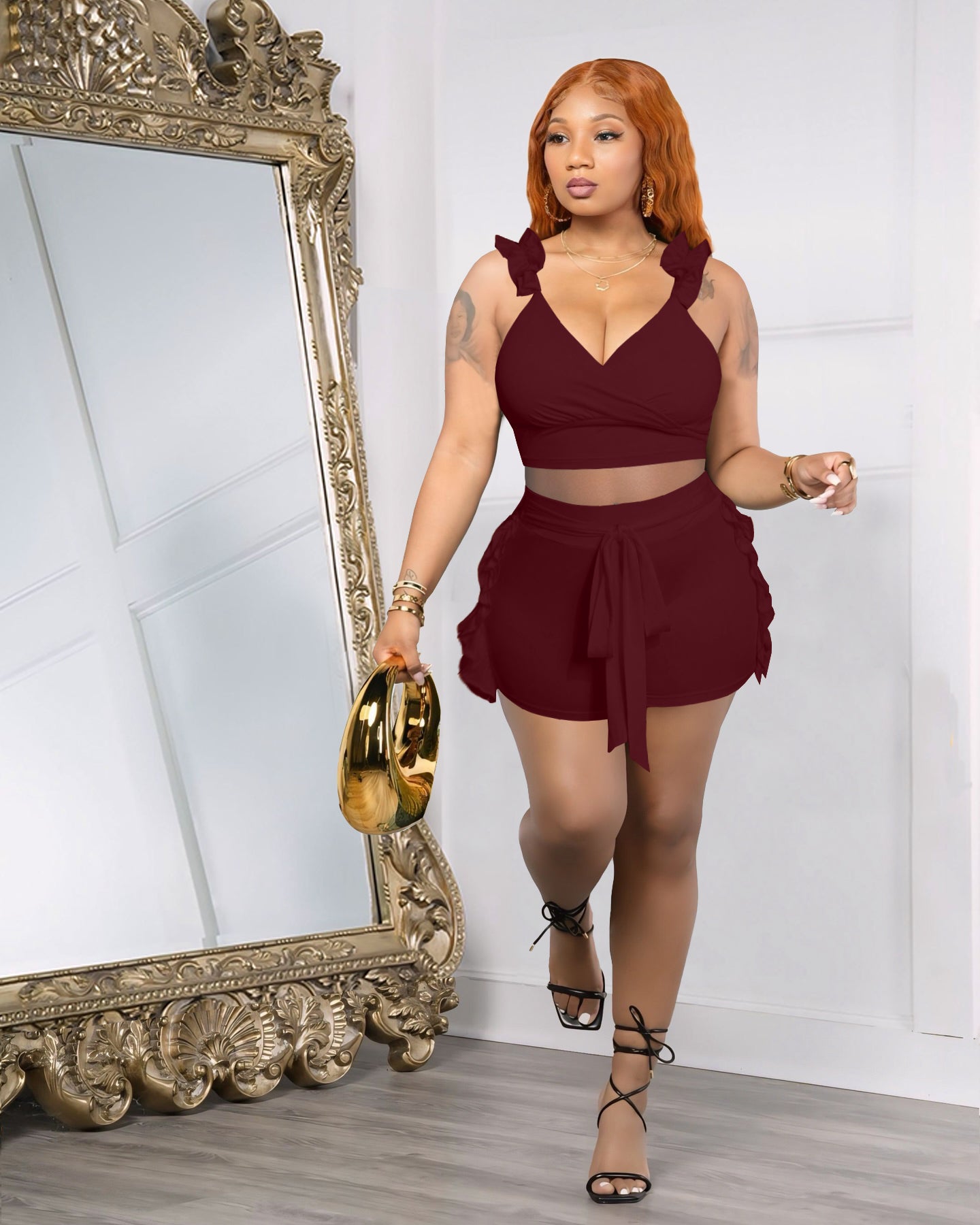 Women Summer Sexy Ruffle Backless Solid Top and Shorts Two-piece Set 4