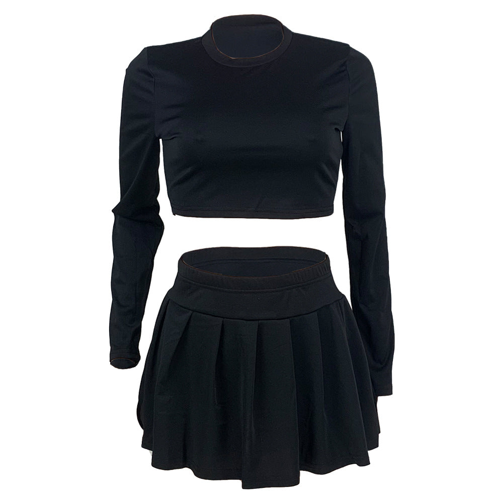 Women's fashion solid color Round Neck Crop slim long-sleeved top pleated short skirt two-piece set 16