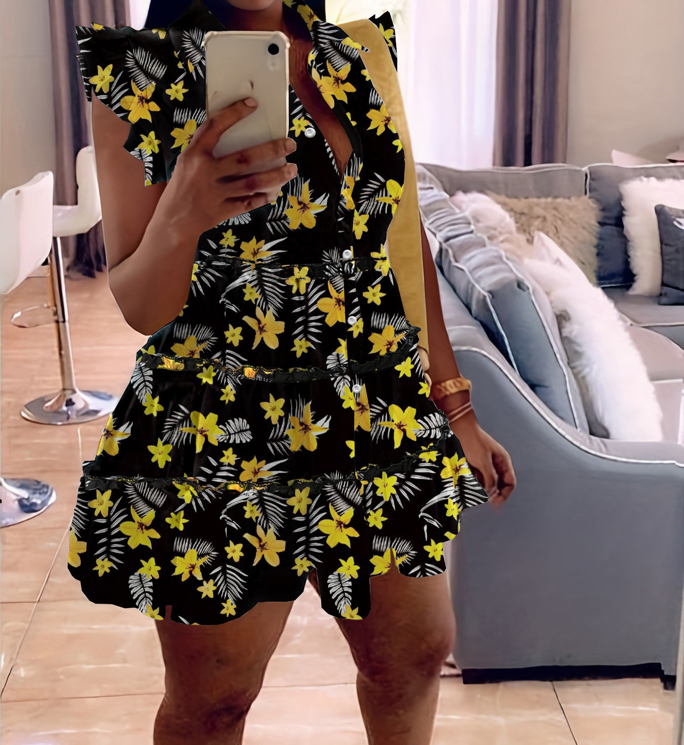 Women's Print Ruffle Edge Sleeveless Casual Dress