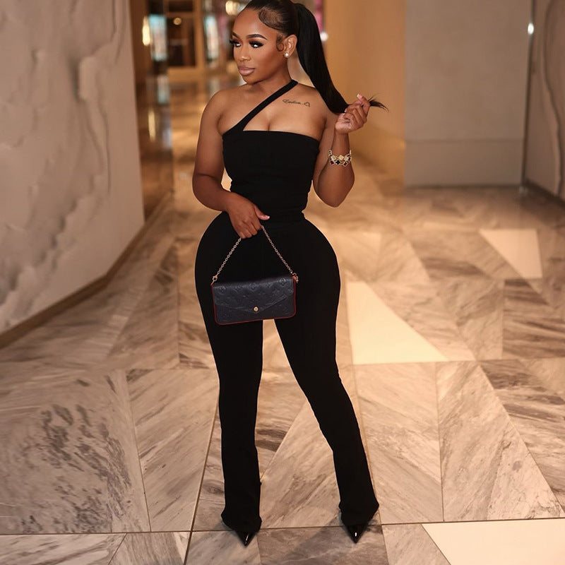 Women Backless Sexy Solid Sleeveless Slash Shoulder Jumpsuit 3