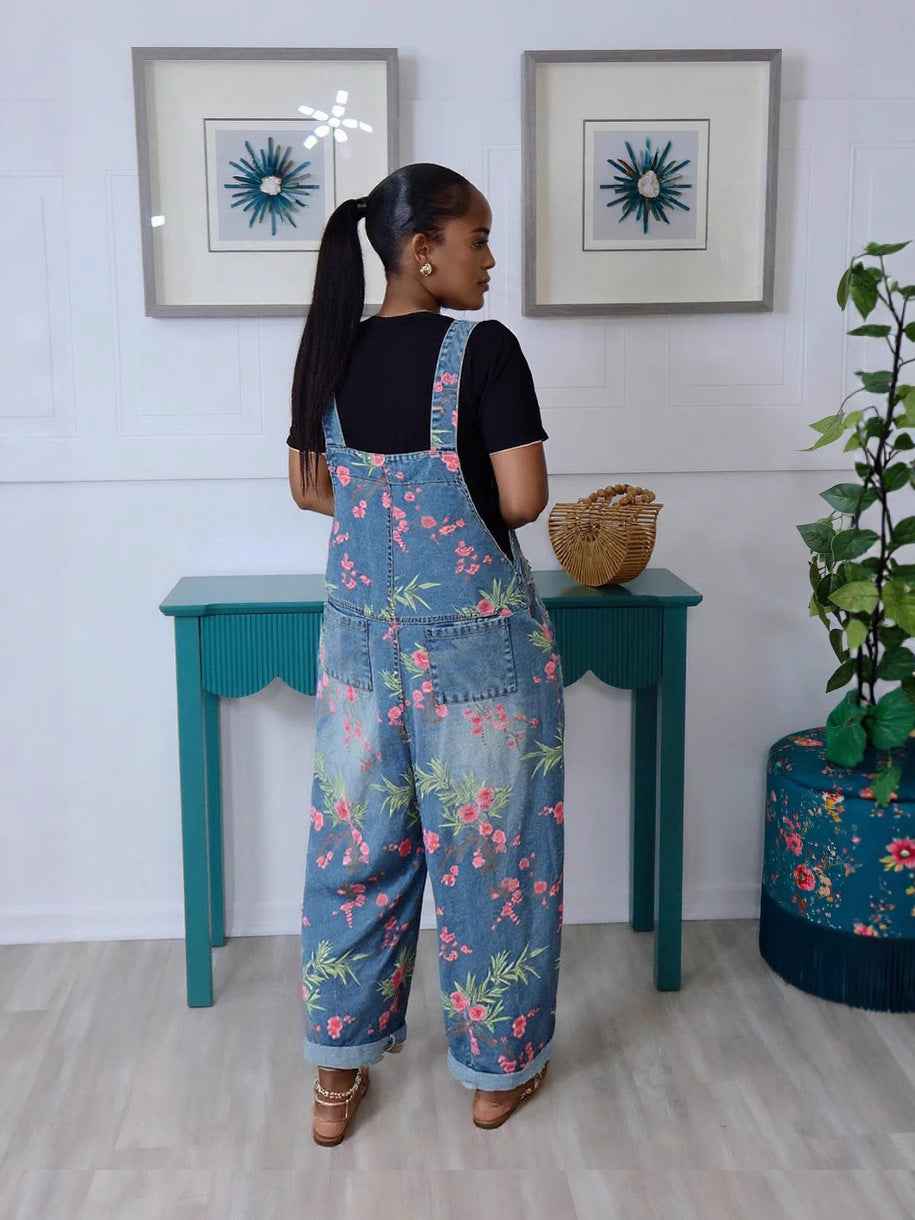 Women Printed Retro Denim Suspenders 3