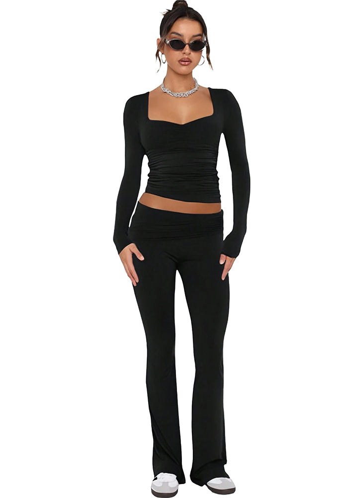 Women solid long sleeve top and bell bottom Pants two-piece suit