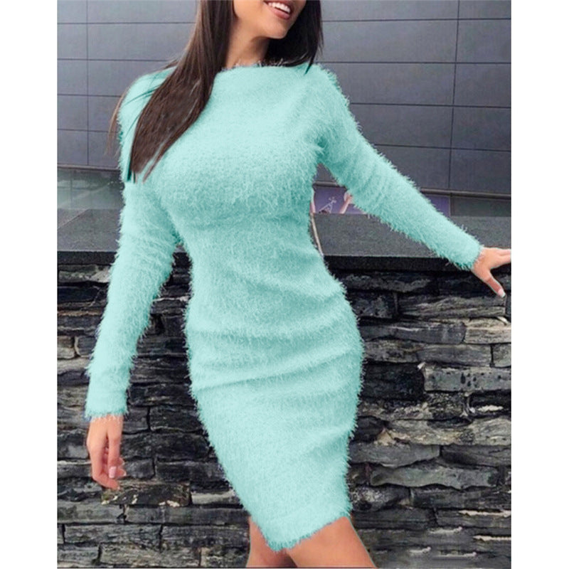Women's Fall Winter Plush Slim Waist Long Sleeve Dress 6