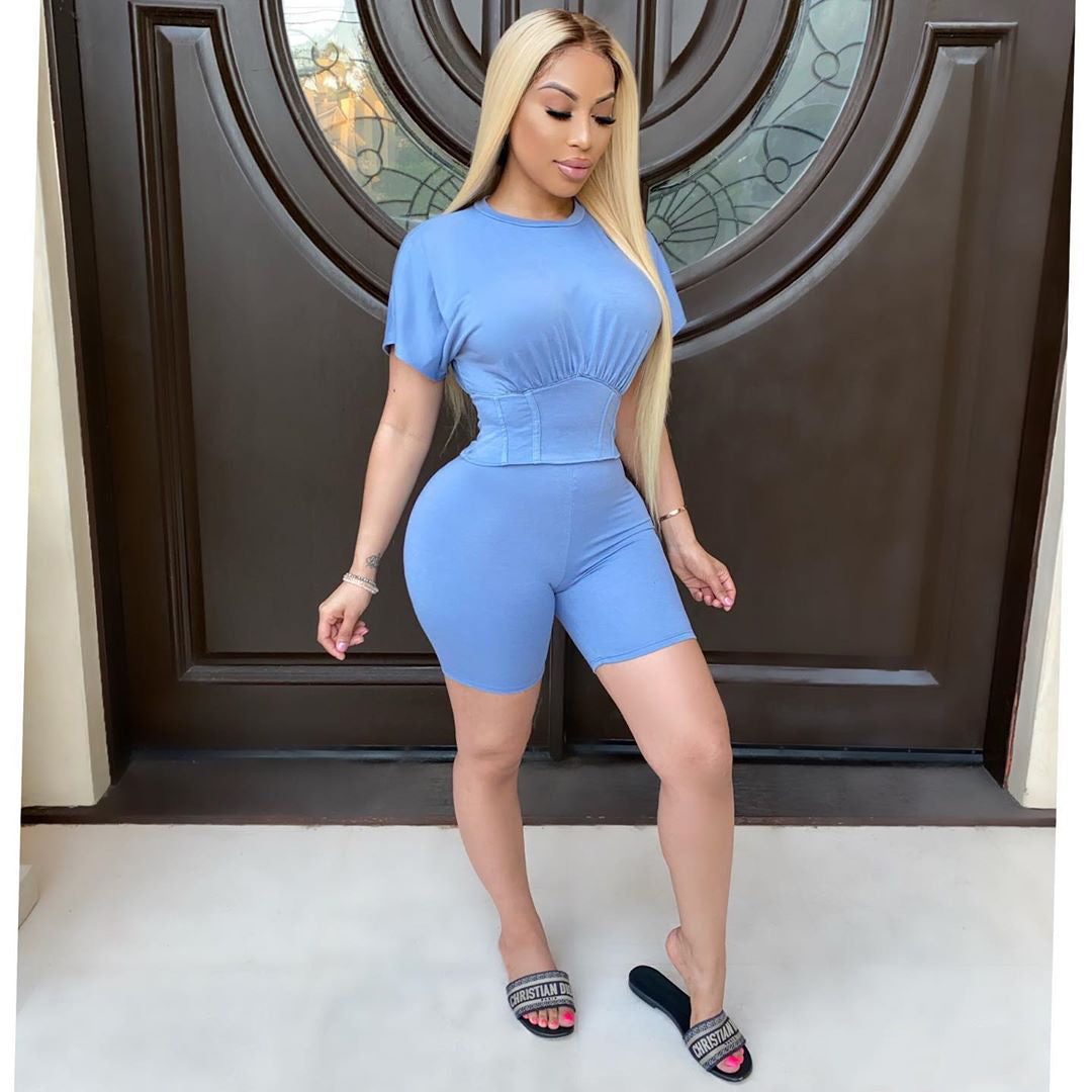 Women summer solid top and shorts two-piece suit 3