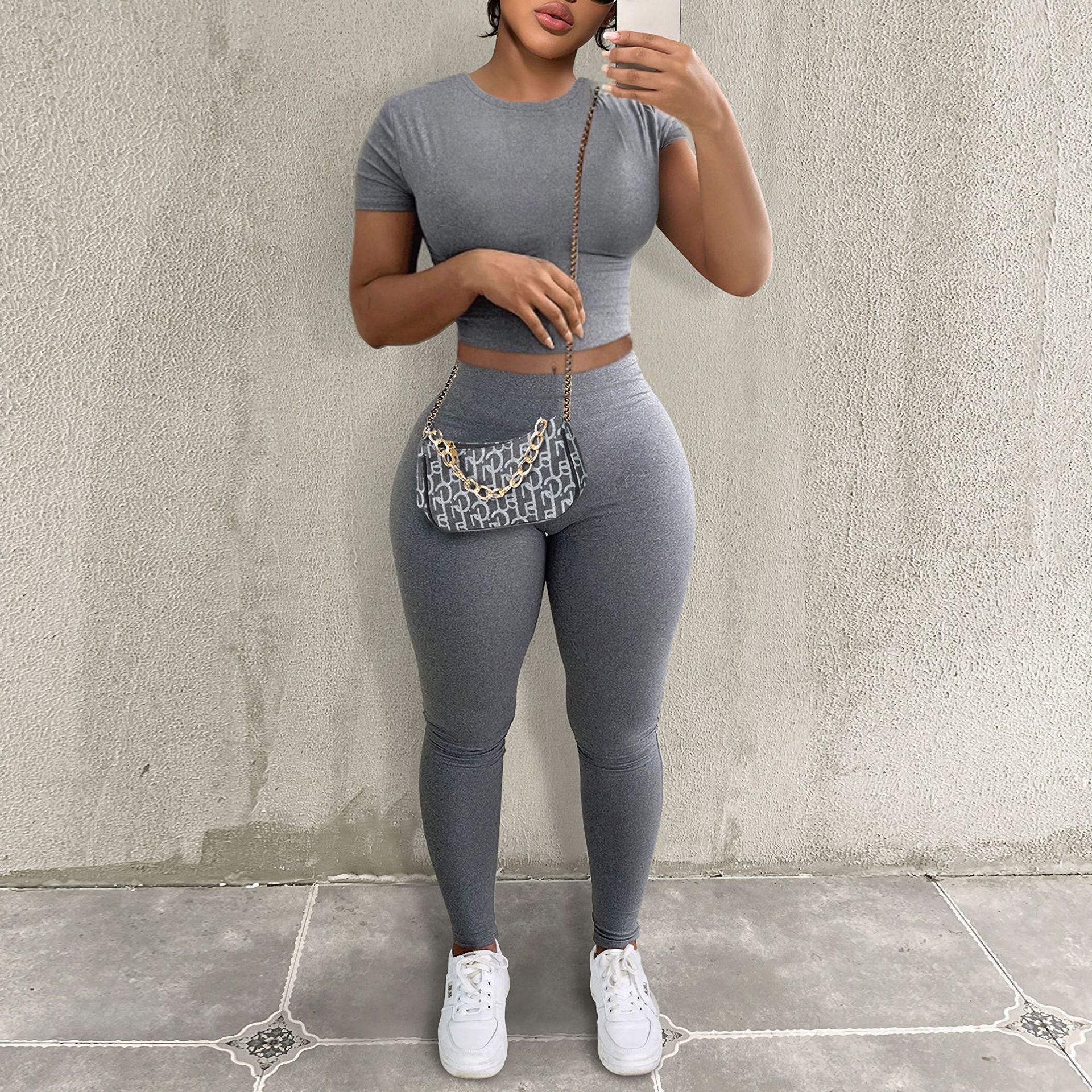 Women Casual Solid Short Sleeve T-Shirt and Pants Two Piece Set 3